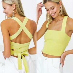 Le Lis Yellow Square Neck Size Small Ribbed Crop Crisscross  Back Top